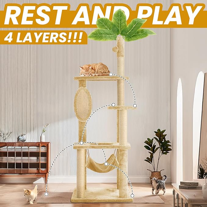 55 Inch Large Cat Tree Tower for Indoor Cats with Hammock Green Leaves Sisal Scratching Post, Plush Hang Ball Play Furniture for Kittens & Adult Cats, New Beige-Mewly Pet