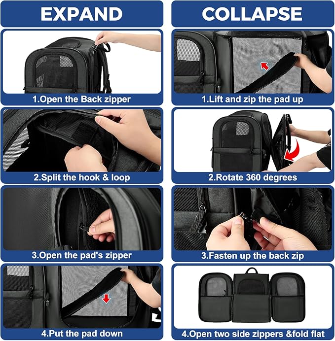 Apollo Walker Pet Carrier Backpack for Large/Small Cats and Dogs, Puppies, Safety Features and Cushion Back Support for Travel, Hiking, Outdoor Use (Black-Expandable)-Mewly Pet