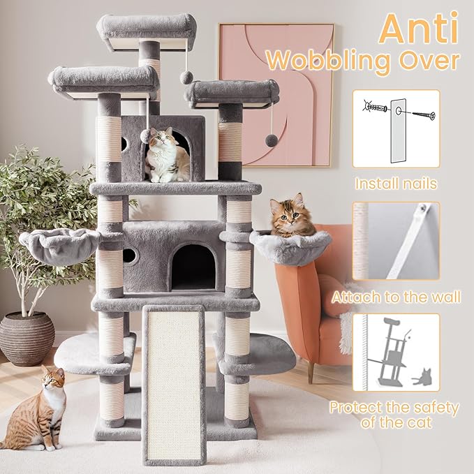 SHA CERLIN 68 Inches Multi-Level Large Cat Tree for Large Kitties/Big Cat Tower with Condo/Cozy Plush ‌Pussycat Perches/Sisal Scratching Posts and Hammocks/Activity Center/Grey-Mewly Pet