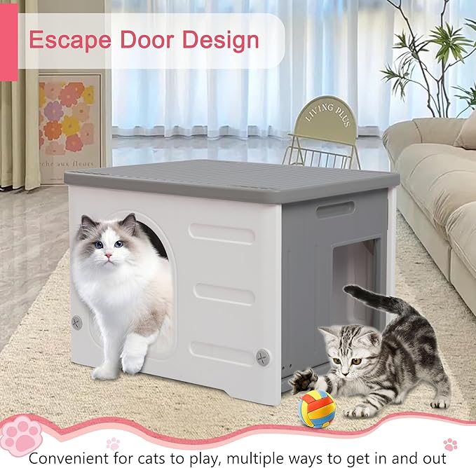 Rockever Plastic Cat House Outdoor with Escape Door, Waterproof Feral Cat House Outdoor Indoor, Sturdy Cat House for Outdoor Cats, Assemble Easily-Grey-Mewly Pet