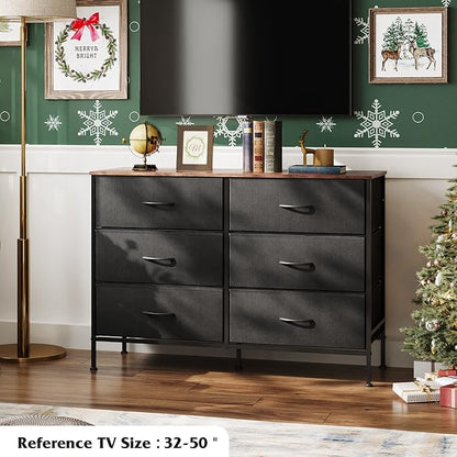 WLIVE Wide Dresser with 6 Drawers, TV Stand for 50 Inches TV, Entertainment Center with Metal Frame, Wooden Top, Fabric Storage Dresser for Bedroom, Hallway, Entryway, Black and Rustic Brown