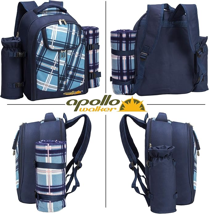 Apollo Walker Picnic Backpack Bag for 2 Person with Cooler Compartment, Detachable Bottle/Wine Holder, Fleece Blanket, Plates and Cutlery (Blue)-Mewly Pet