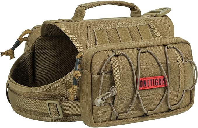 OneTigris Dog Backpack for Medium & Large Dogs, Nylon Backpack for Dogs Tactical Pet Backpack with Side Pockets for Hiking Walking Training Running (Brown, Large)-Mewly Pet