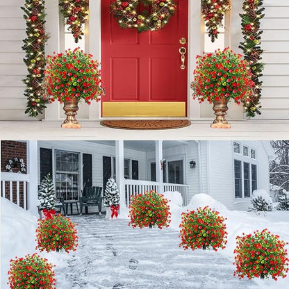 Set of 2 Artificial Topiary Boxwood Rose Ball Christmas Trees with Ground Spike,23" UV Resistant Outdoor Xmas Decor Faux Greenery Shrubs with Flowers, Fake Plants Bush for Garden, Yard, Porch