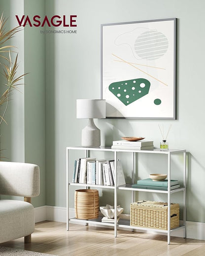 VASAGLE 39.4 Inch Console Table with 3 Shelves, Sofa Tables, Modern Entryway Table, Metal Frame, Tempered Glass Shelf, Entryway Living Room Bedroom, Pearl White and Slate Gray ULGT027W01
