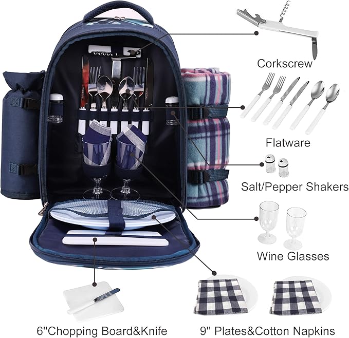 Apollo Walker Picnic Backpack Bag for 2 Person with Cooler Compartment, Detachable Bottle/Wine Holder, Fleece Blanket, Plates and Cutlery (Blue)-Mewly Pet