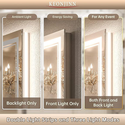 Keonjinn LED Bathroom Mirror 48" x 24" with Frontlit and Backlit, Stepless 3 Colors Temperature & Dimmable Wall Mirror, Tempered Glass, UL Listed LED Driver, Double LED Strips Lighted Vanity Mirror