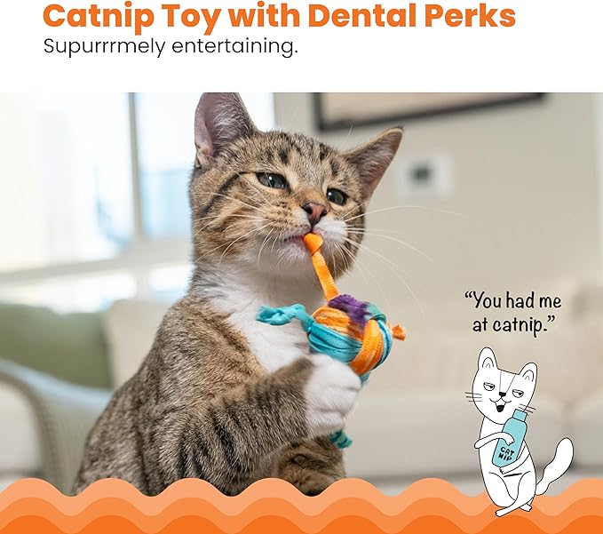 Catstages Catnip Tons of Tails – Interactive Catnip Dental Chew Toy for Cats with Rope, Ribbon & Cotton for Batting, Chasing & Chewing-Mewly Pet