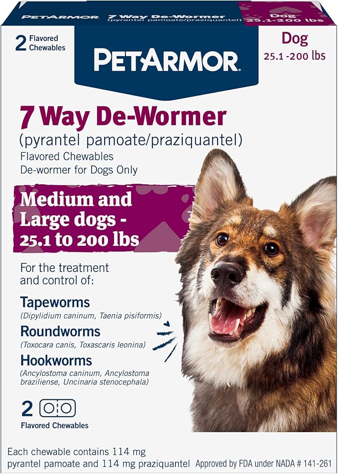 PetArmor 7 Way De-Wormer for Dogs, Oral Treatment for Tapeworm, Roundworm & Hookworm in Large Dogs & Puppies (Over 25 lbs), Worm Remover (Praziquantel & Pyrantel Pamoate), 2 Flavored Chewables-Mewly Pet