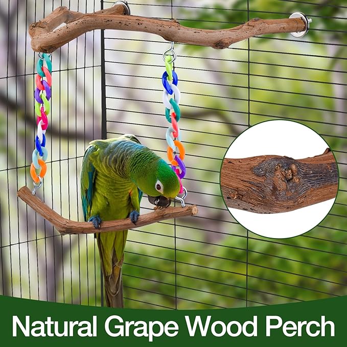 Bird Swing Toys, Standing Bird Perch with Natural Grape Wood, U Shape Hangable Birdcage Accessories, Birds Chewing Toy for Budgerigars, Parakeets, Cockatiels, Conures, Lovebirds, Finches (3Pack)-Mewly Pet