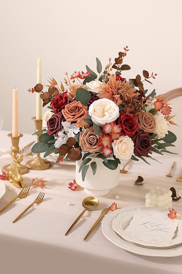 Artificial Flower Box Set Silk Fake Flowers for DIY Wedding Hand Bouquet Flower Arrangement Bouquet Centerpiece Decorations Baby Shower Party Home Decorations (Burgundy)