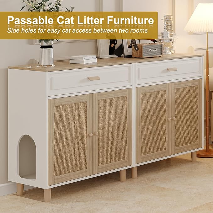 Cat Litter Box Enclosure Furniture Hidden Indoor 2-in-1 Wooden Cat House & Washroom Cabinet with Scratching Board Doors and Drawer, 31.5"x15.7"x34.6"H-Mewly Pet