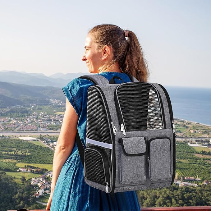 Pet Backpack, Airline Approved Dog Backpack, Cat Bag for Travel Hiking Bike Riding Walking Outdoor, Cat Backpack with Breathable Mesh(Gray)-Mewly Pet