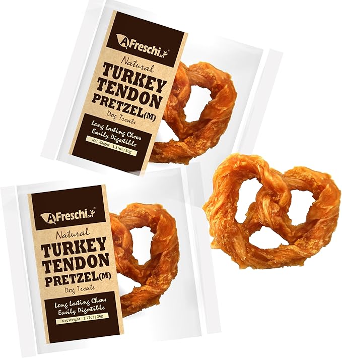 Afreschi Natural Turkey Tendon Pretzel (M) Pack of 2, Dog Treats for Signature Series, All Natural Human Grade Dog Chew, USA-Sourced Turkey Tendon, Hypoallergenic, Rawhide Alternative-Mewly Pet