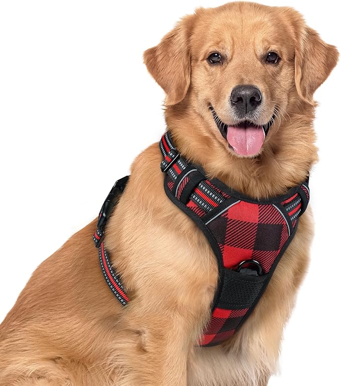 rabbitgoo Dog Harness No Pull with 2 Leash Clips, Adjustable Soft Padded, Reflective Oxford No Choke Pet Vest with Easy Control Handle for Large Dogs, Red Plaid, XL-Mewly Pet