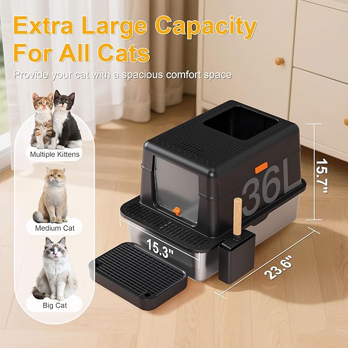 Enclosed Stainless Steel Litter Box with Lid, 20L Metal Enclosed Litter Box for Big Cat, Flip-Top Design with Anti-Leakage High Sides, Cat Lovers Gifts（Black）-Mewly Pet