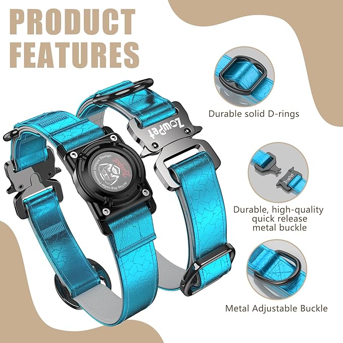 AirTag Dog Collar - Leather Dog Collar with Airtag Holder | IP68 Waterproof AirTag Holder with Metal Buckle, Comfortable GPS Dog Collars Tracker for Medium Large Dogs (Blue, L)-Mewly Pet