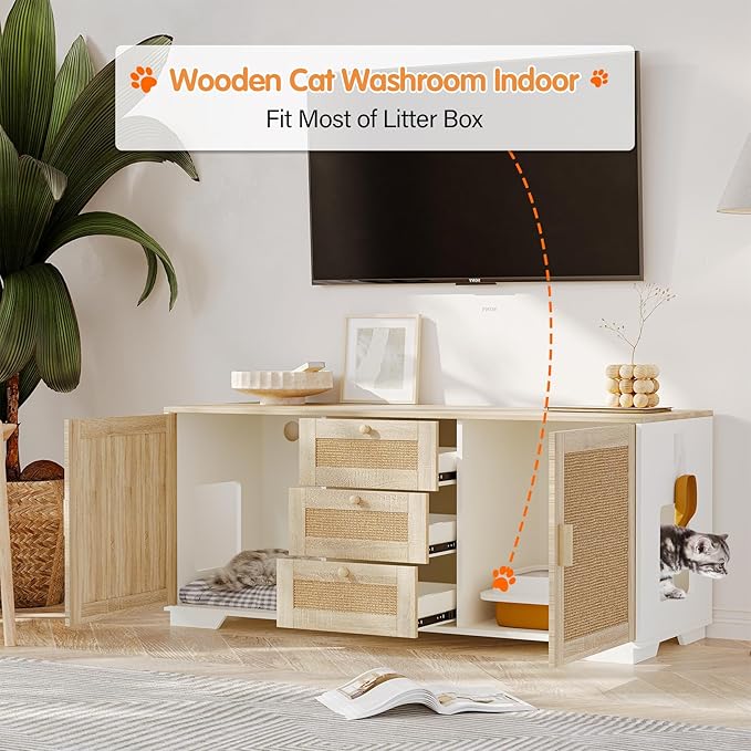 Cat Litter Box Enclosure Furniture Hidden Indoor 2-in-1 Wooden Cat & Washroom Cabinet with Scratching Board Doors and 3 Drawer for 2 Cats, 55"x20"x24"H-Mewly Pet
