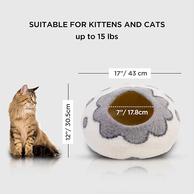 Woolygon Premium Felt Cat Cave Bed – Wool Kitty Beds Handcrafted Kitten Caves Bed for Indoor Cats - Made from 100% Eco-Friendly Merino Wool, Foldable Cat Hidewawy Covered Cat House Pod (Flower Collar)-Mewly Pet