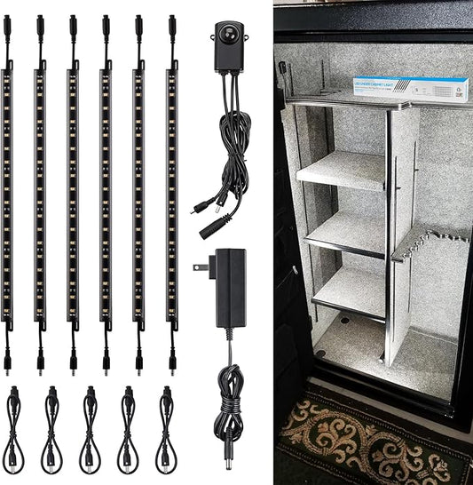 TORCHSTAR LED Safe Lighting Kit, (6) 12 Inch Linkable Light Bars + Motion Sensor + UL Power Adapter, 900LM, Input 100-240V, for Under Cabinet Gun Safe Locker Closet Showcase, 5000K Daylight