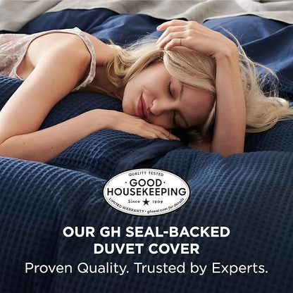 Bedsure Cotton Duvet Cover Queen - 100% Cotton Waffle Weave Navy Blue Duvet Cover Queen Size, GentleSoft™ and Breathable Bedding Set for All Season, 3 Pieces, 90"x90"