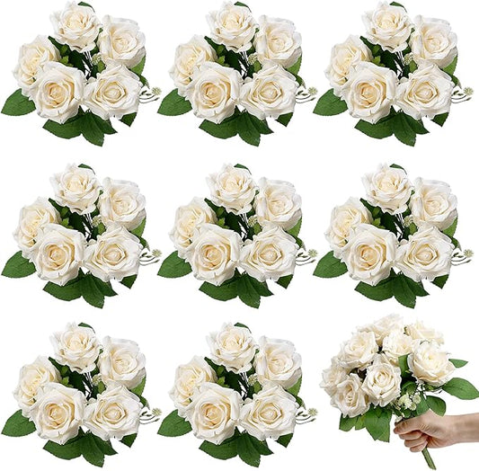 Artificial Roses Bouquets - 8 Bundles Fake Silk Flowers Realistic Faux Florals Bulk for Wedding Bridal Party Baby Shower Event Home Arrangements Centerpieces Decorations (Champagne)