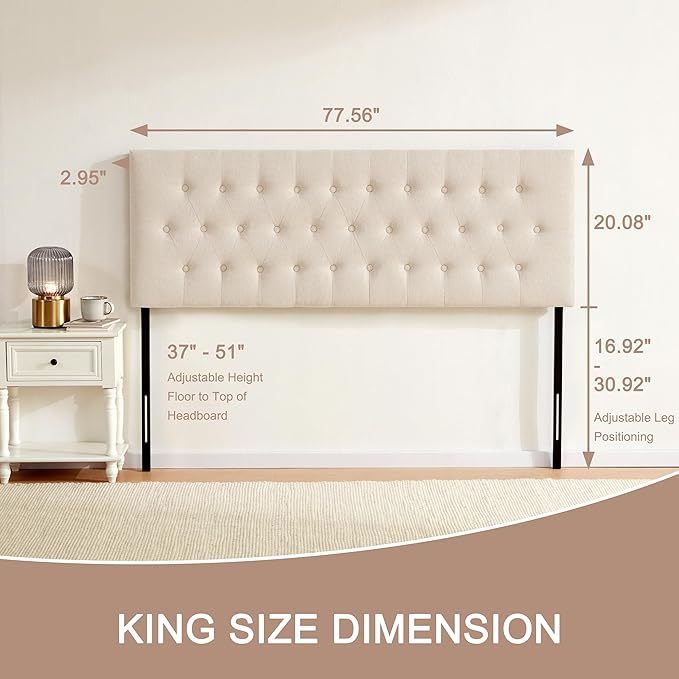 Tufted Upholstered Headboard King Size, Solid Wood Head Board with Durable Metal Legs, Adjustable Height Bed headboard from 37” to 51” Fabric Headboard in Modern Button Design, Beige