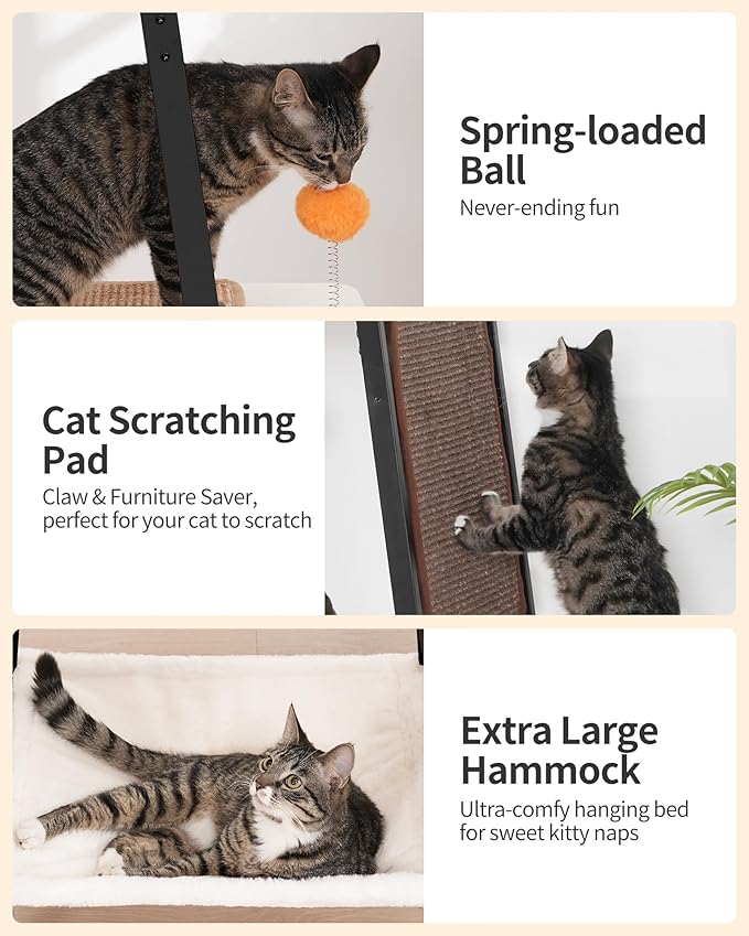 FourFurPets Modern Cat Tree, 58-Inch Cat Tower for Large Cats, Maine Coon Cat Tree with Scratching Board, Large Perch, Hammock and Removable Pads, Greige-Mewly Pet