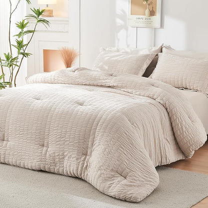 HYMOKEGE Beige Oversized Queen Comforter Set Seersucker 7 Pieces, All Season Luxury Bed in a Bag for Bedroom, Bedding Set with Comforter, Sheets, Pillowcases & Shams