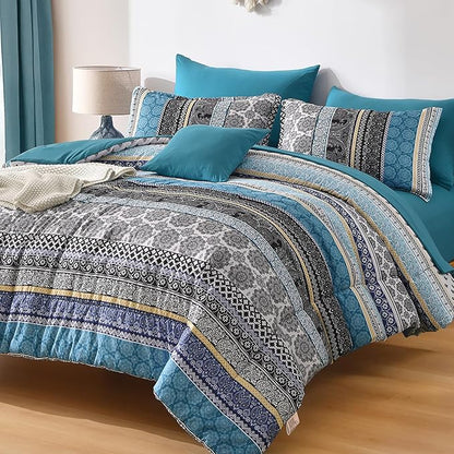 Cottolester Teal Comforter Set King Size,Boho Striped Bed in a Bag 8 Pieces,Paisley Soft Microfiber Bedding Comforter Set