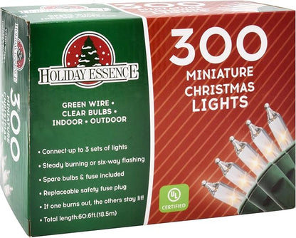 Holiday Essence 300 Mini Clear Lights, Christmas String Lights for Indoor and Outdoor Decorative Use, Green Wire, UL Listed