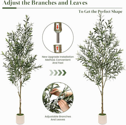 Alupssuc 6FT Artificial Olive Trees, Faux Silk Plant with Lively Artificial Trunk and Lifelike Fruits, Indoor Fake Potted Tree with White Planter for Modern Home Office Living Room Decor