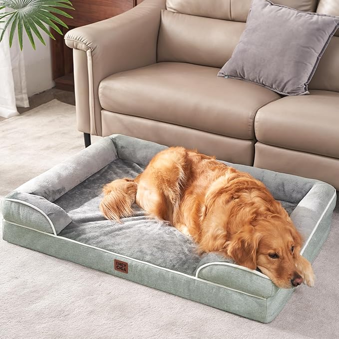 EHEYCIGA Orthopedic XL Dog Beds, Waterproof Memory Foam Dog Bed for Extra Large Dogs, Non-Slip Bottom and Egg-Crate Foam Big Pet Couch Bed with Washable Removable Cover, Greyish Green-Mewly Pet