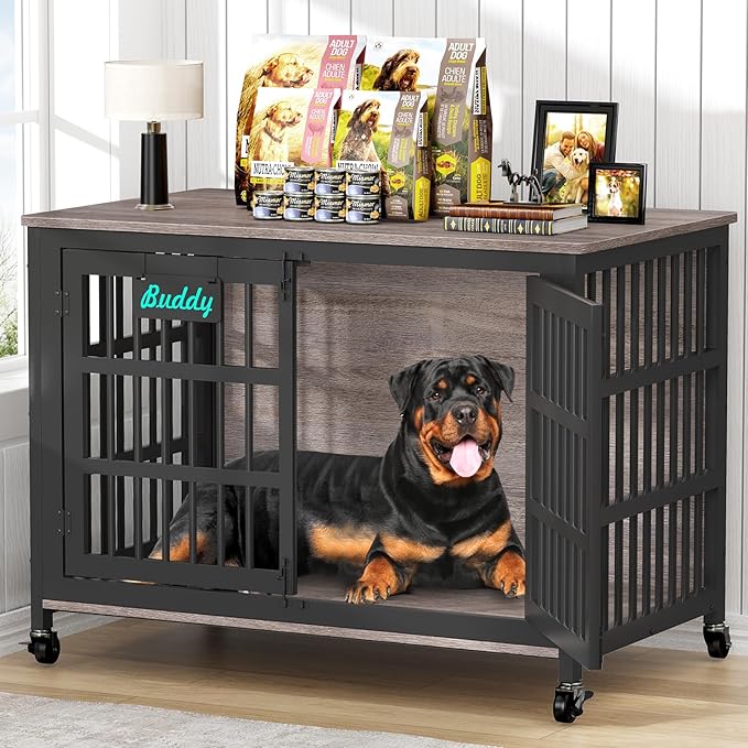 EasyCom 48"/42"/33" XXL Dog Crate Furniture with Casters, Heavy Duty Dog Kennel Indoor for Large Dogs, Escape-Proof and Chew-Proof Dog Cage for high Anxiety Dog, Decorate House as TV Stand, End Table-Mewly Pet