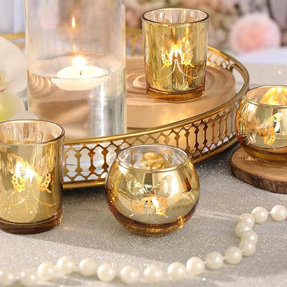 Gold 12 PCS Combination Tea Lights Candle Holder Decorative with Butterfly Pattern, Votive Candle Holders for Wedding, Birthday, Anniversary, Parties, and Holiday Decorations