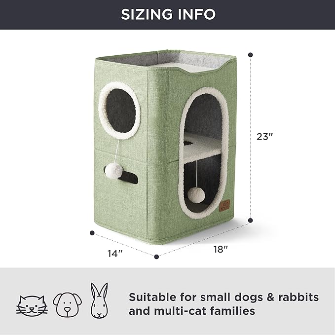 Bedsure 2 Story Cat House - Cat Condos for Indoor Cats with Scratch Pad and Fluffy Ball Hanging, Small Pet Cave Furniture Hideaway for Multi Pets, 18x14x23 inches, Green-Mewly Pet