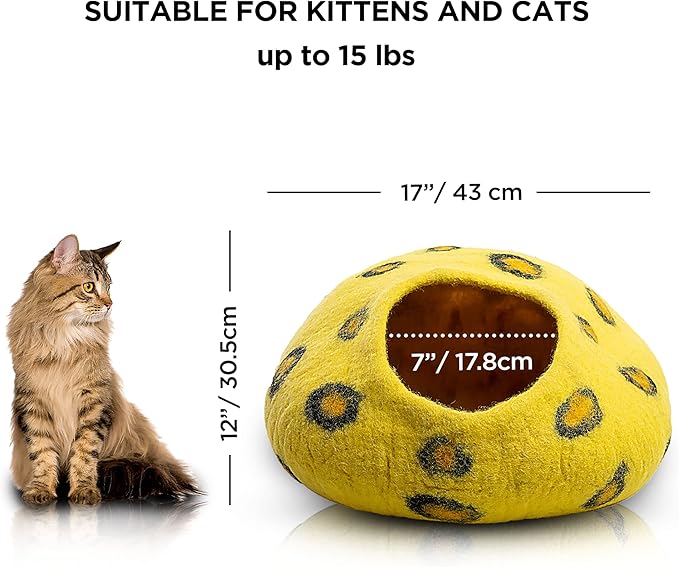 Woolygon Premium Felt Cat Cave Bed - Polka Dot Series - Wool Kitty Beds Handcrafted Kitten Caves Bed for Indoor Cats - Eco-Friendly Merino Wool, Foldable Cat Hideaway Cat Houses Pod-Mewly Pet