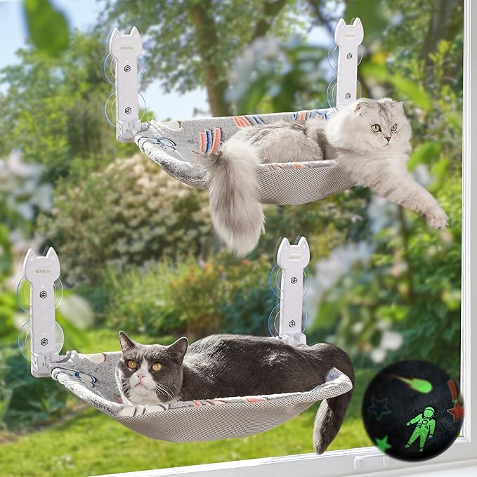 2 Pack Cat Window Perch, Glow in The Dark Foldable Cat Hammock with Sunken Design & Removable Soft Cover, Breathable Cordless Window Bed for Resting Indoor Kitten (Shallow Perch, 2 Pack - M)-Mewly Pet