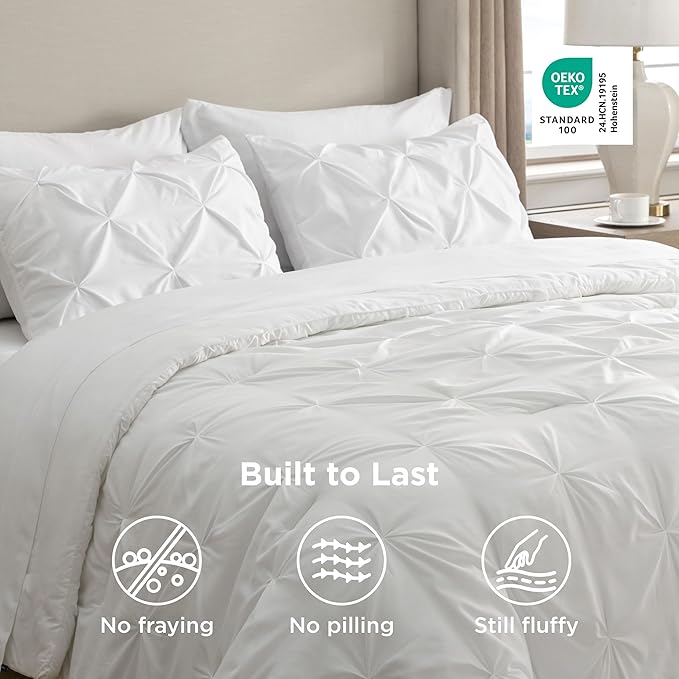 Bedsure Queen Comforter Set White - Bed in a Bag Queen Size Bedding 7 Pieces, GentleSoft™ Pintuck Bed Set Gift for Family, Pinch Pleat All Season Comforter with Sheets, Pillowcases & Shams