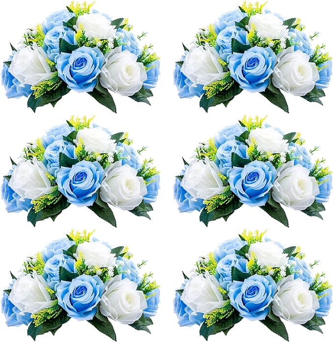 NUPTIO Pcs of 6 Fake Flower Ball Arrangement Bouquet,15 Heads Plastic Roses with Base, Suitable for Our Store's Wedding Centerpiece Flower Rack for Parties Valentine's Day Home Décor (Blue & White)