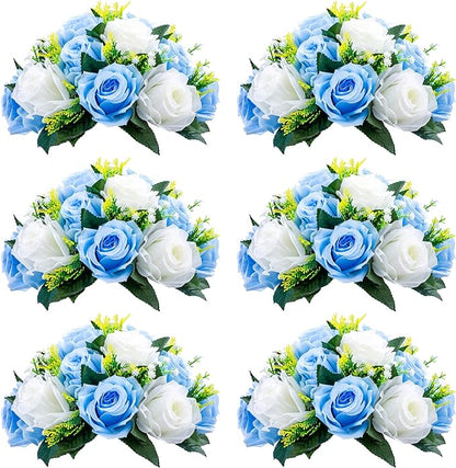 NUPTIO Pcs of 6 Fake Flower Ball Arrangement Bouquet,15 Heads Plastic Roses with Base, Suitable for Our Store's Wedding Centerpiece Flower Rack for Parties Valentine's Day Home Décor (Blue & White)