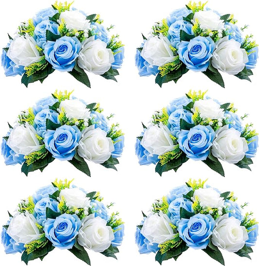 NUPTIO Pcs of 6 Fake Flower Ball Arrangement Bouquet,15 Heads Plastic Roses with Base, Suitable for Our Store's Wedding Centerpiece Flower Rack for Parties Valentine's Day Home Décor (Blue & White)