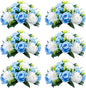 NUPTIO Pcs of 6 Fake Flower Ball Arrangement Bouquet,15 Heads Plastic Roses with Base, Suitable for Our Store's Wedding Centerpiece Flower Rack for Parties Valentine's Day Home Décor (Blue & White)
