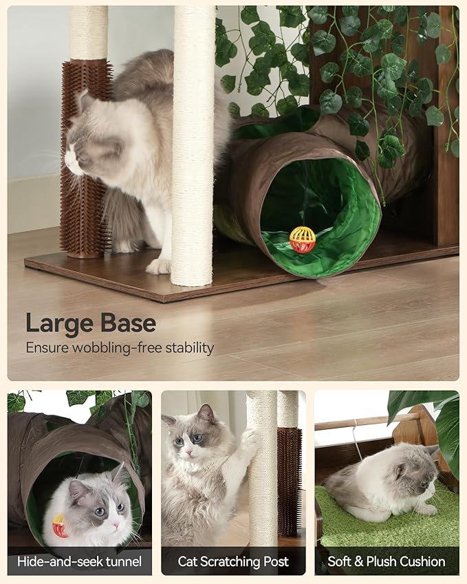 FourFurPets Large Cat Tree with Leaves, 72.8-Inch Cat Tower for Indoor Cats, Modern Cat Tree with Scratching Post, Large Perch, Tunnels, Swing Ball, Self Groomer, Greige-Mewly Pet