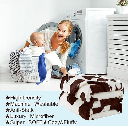 Fleece Cow Print Blanket Queen Size for All Season - Premium Lightweight Anti-Static Super Soft Cozy Plush Cow Blankets for Queen/Full Bed,90" x 90"(Brown Cow)