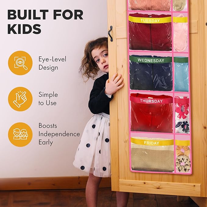 Over the Door Weekly Clothes Organizer - 5 Shelf Hanging Closet Storage with Day of the Week Labels - Weekly Clothes Organizer For Kids - Space-Saving Over Door or Wall Hanging Organizer (Pink)