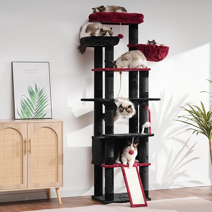 Heybly Tall Cat Tree, 78-inch Multi-Level Cat Tower for Indoor Cats, 2 Widened Plush Perches Cat Condo with Scratching Board and Big Caves, Black and Red HCT033BR-Mewly Pet