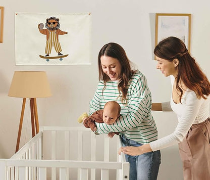 Lion Skateboarding Nursery Rectangular Canvas Banner-Flag Wall Sign Decor for Toddler Boys Kids,Baby Room Above Crib Playroom Reading Room Bedroom Dorm Decor-Baby Shower Birthday Christmas Gift