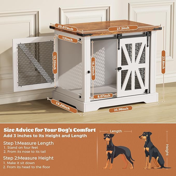 VOPEAK 27.5" Small Dog Crate Furniture, Chew Resistant Dog Crate for Puppy Dogs, Heavy Duty Small Dog Crate Dog Kennel Indoor with Double Doors, Wooden End Table for Bedroom Living Room, White-Mewly Pet