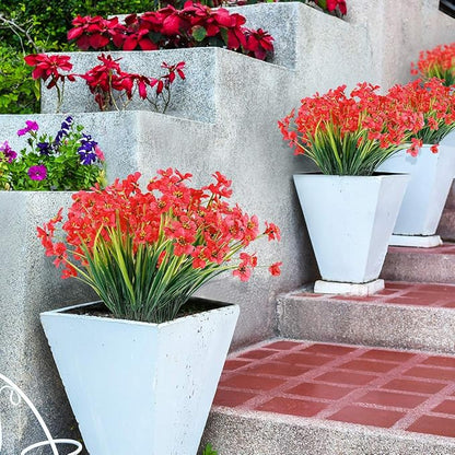 12 Bundles Artificial Flowers Outdoor UV Resistant Fake Flowers No Fade Faux Plants Garden Porch Window Box Decorating (Deep Red)